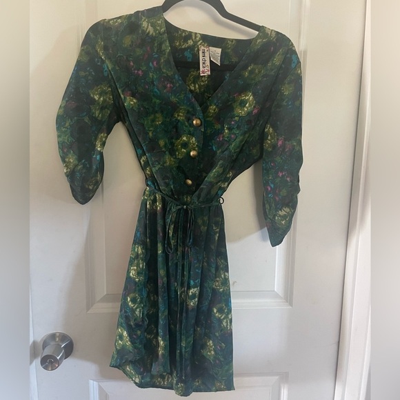 Mimi Chica Dark Green Watercolor Floral Dress Size Small - Picture 2 of 4